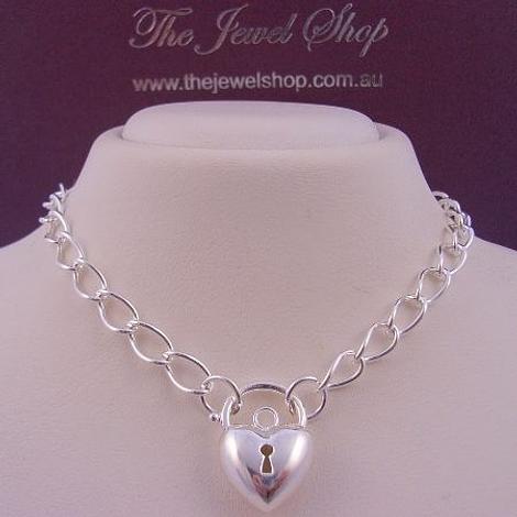 Sterling Silver Curb Padlock Heart Necklace 45cm