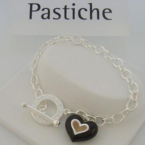 Pastiche Sterling Silver 5.5mm Cable Black Enamel Heart Toggle Charm Bracelet