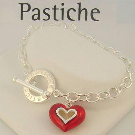 Pastiche Sterling Silver 5.5mm Cable Red Enamel Heart Toggle Charm Bracelet
