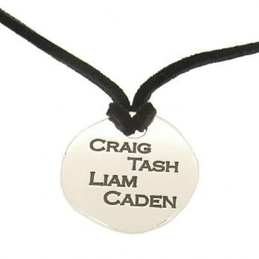 27mm UNISEX TABLET PERSONALISED FAMILY NAME MESSAGE PENDANT BLACK SUEDE NECKLACE