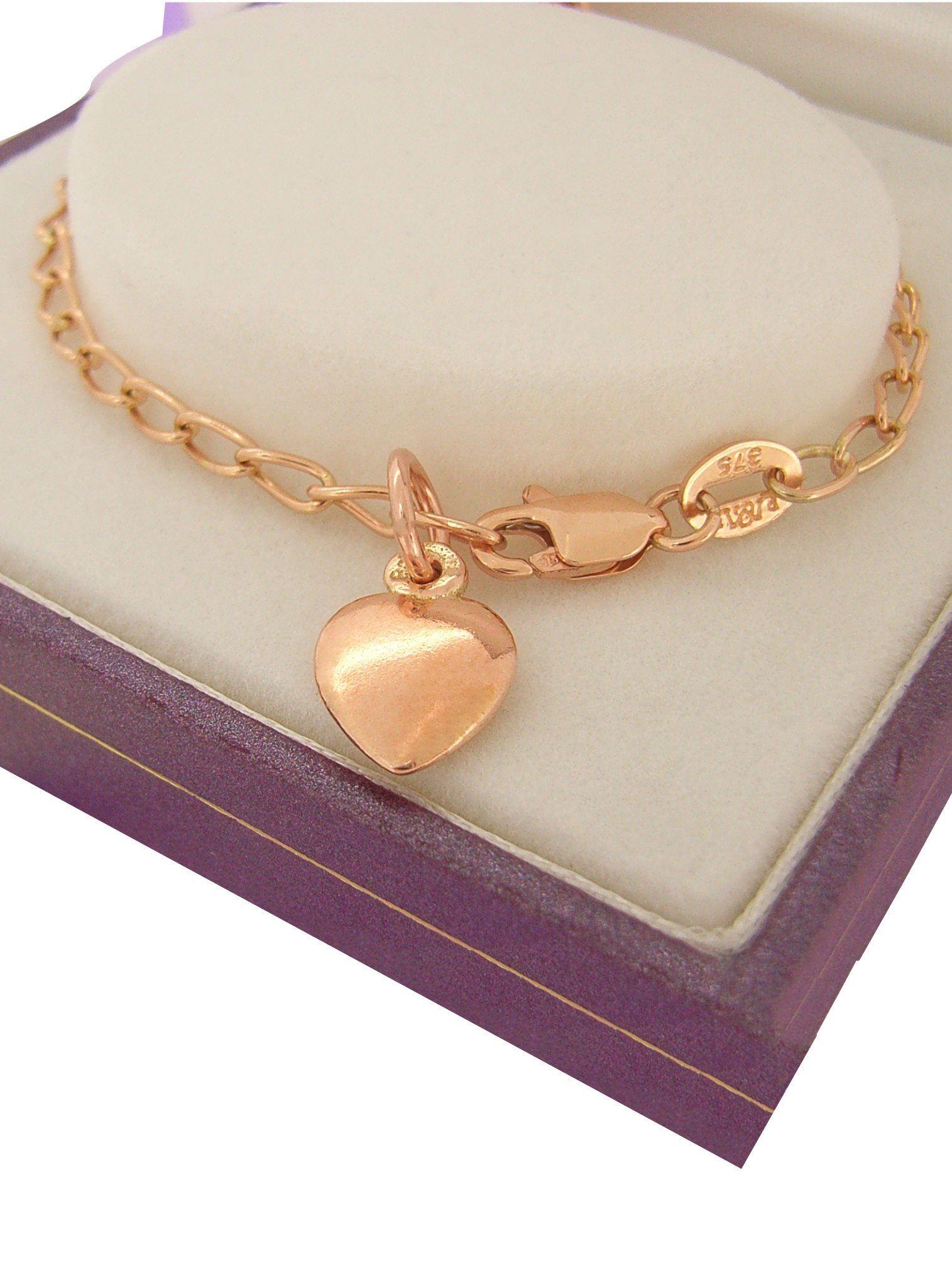 9CT GOLD CHARM BRACELET FLAT D//C CURB LINK HEART PADLOCK CHARMS SAFETY CHAIN BOX