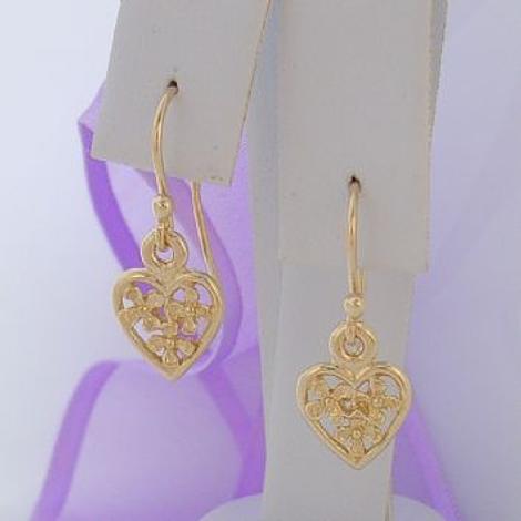9ct Gold 9mm Flower Heart Charm Drop Hook Earrings