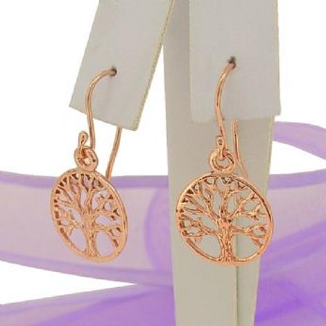 Solid 9ct Rose Gold 14mm Tree of Life Charm Ball Drop Hook Earrings