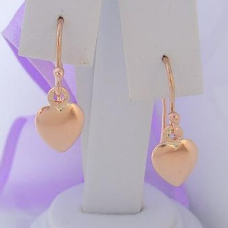 Solid 9ct Rose Gold 8mm Heart Charm Drop Hook Earrings