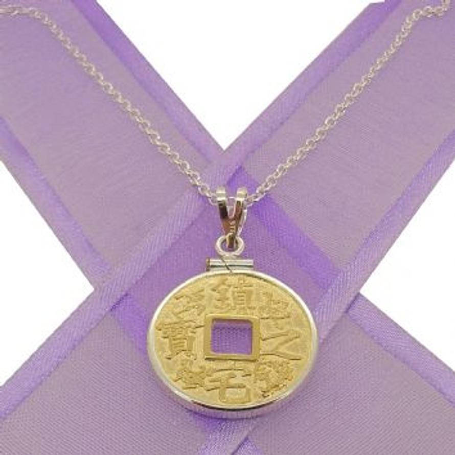 STERLING SILVER 20mm COIN HOLDER 9CT GOLD CHINESE GOOD LUCK CHARM NECKLACE -NLET-HR3404-CA40-CE66-9Y-ss