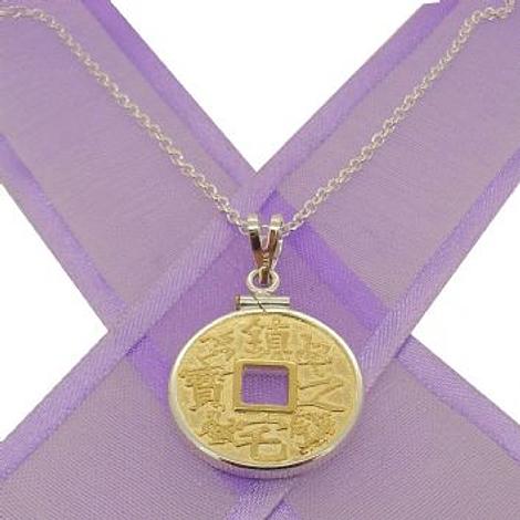 Sterling Silver 20mm Coin Holder 9ct Gold Chinese Good Luck Charm Necklace