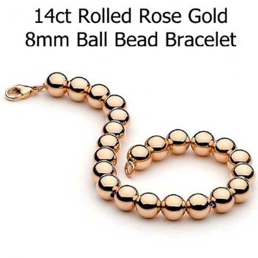 14CT ROLLED ROSE GOLD 8mm BALL BEAD BRACELET -BLET-14RG-8mmRG