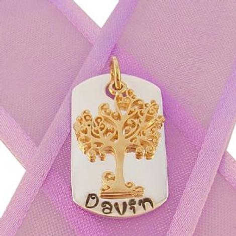 Sterling Silver Dog Tag Personalised 9ct Gold Tree of Life Name Pendant