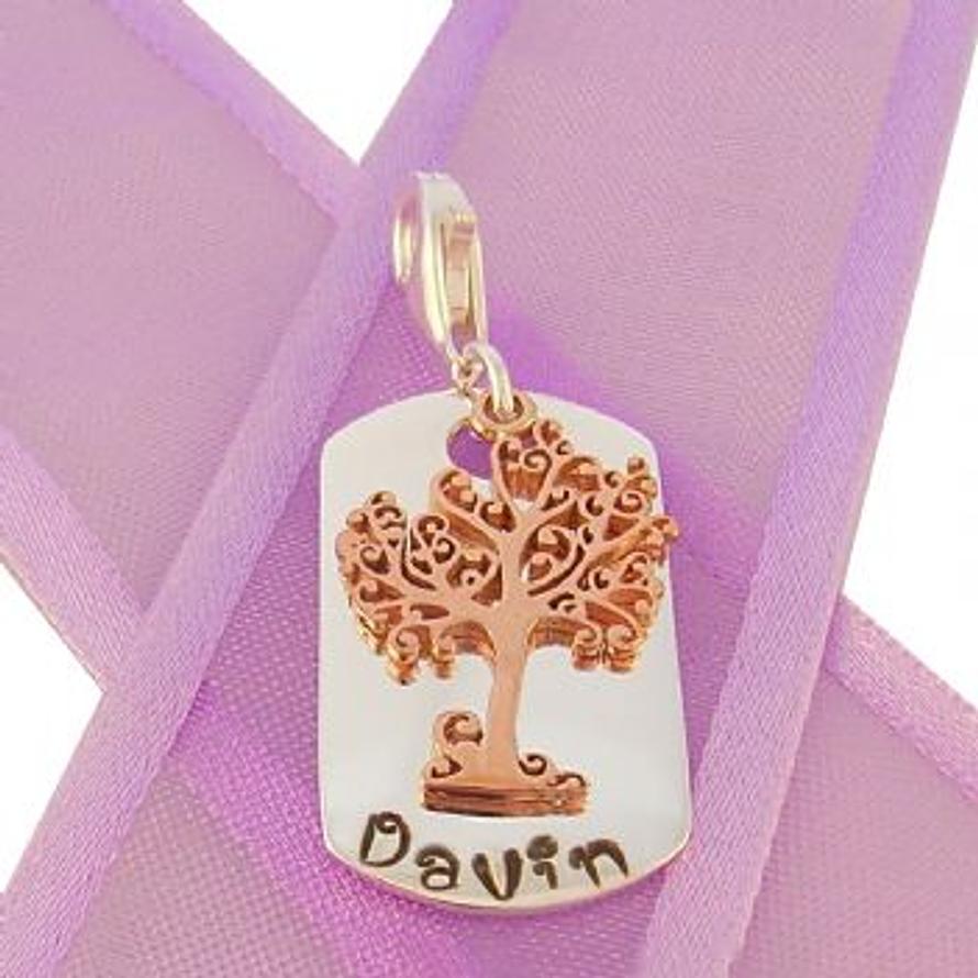 14mm x 25mm DOG TAG PERSONALISED 9CT ROSE GOLD TREE OF LIFE NAME CLIP ON CHARM -CH-14mmP-KB60-9R