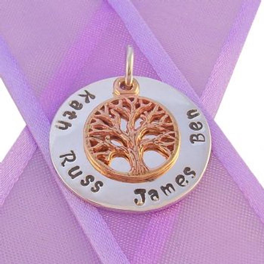 23mm ROUND PERSONALISED CIRCLE 9CT ROSE GOLD TREE OF LIFE NAME PENDANT