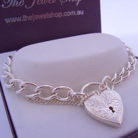 Sterling Silver Curb Engraved Heart Padlock Bracelet 19cm