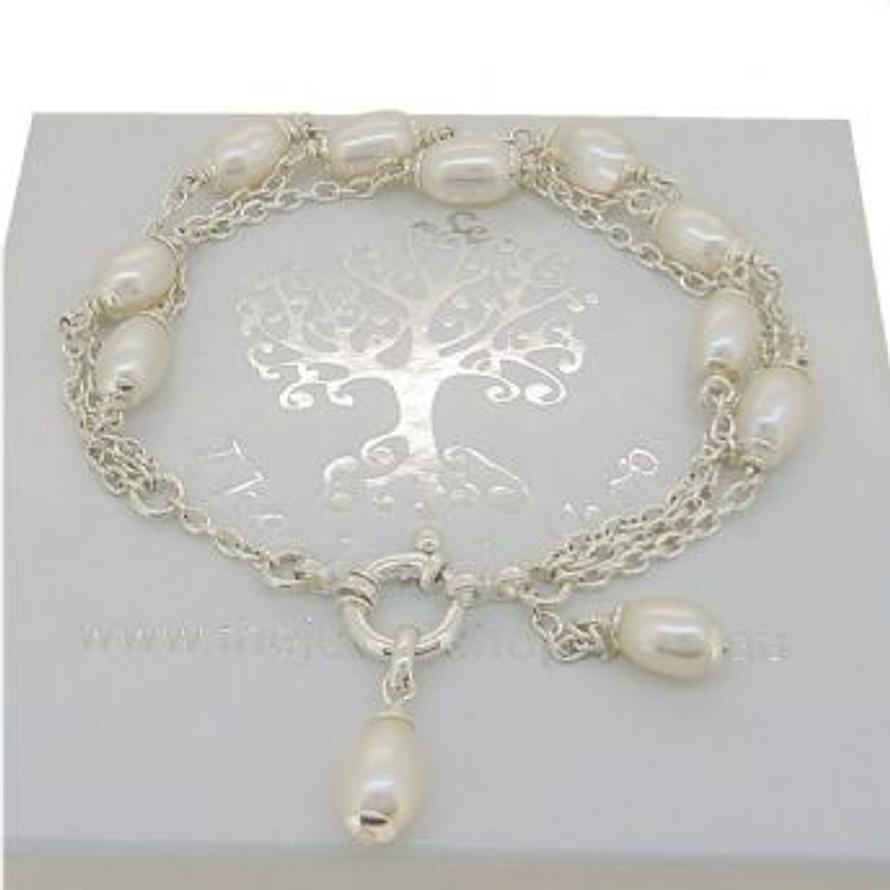 STERLING SILVER TRIPLE ROW CABLE CHAIN DESIGN FRESHWATER PEARL BRACELET