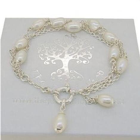 Sterling Silver Triple Row Cable Chain Design Freshwater Pearl Bracelet