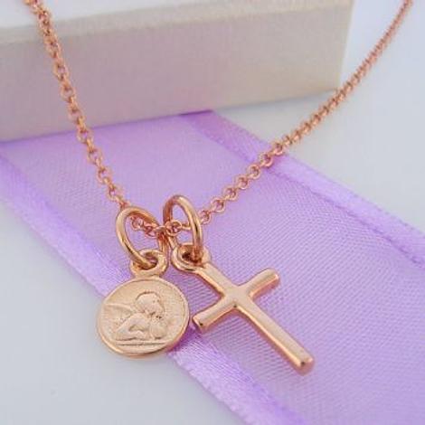 9ct Rose Gold Small Angel & Cross Charm Necklace 45cm