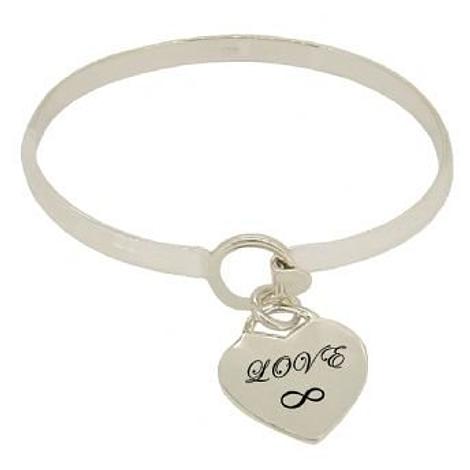 Sterling Silver 5mm Cuff Bangle Personalised 19mm Love Heart Charm