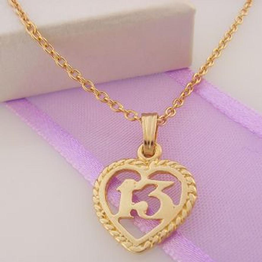 9CT GOLD 14mm 13 13TH BIRTHDAY LOVE HEART CHARM NECKLACE 45CM -9Y_HR2891