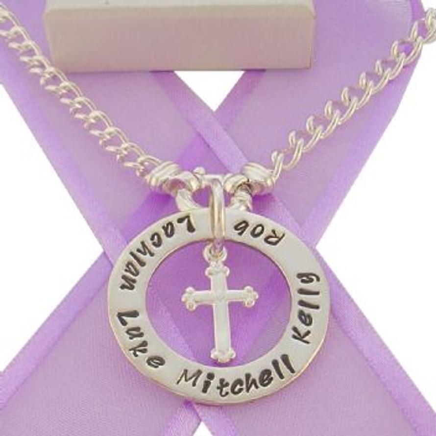 28mm CIRCLE OF LIFE PERSONALISED FAMILY NAME PENDANT & CROSS CHARM NECKLACE CURB -28mm-FP136-CROSS-HR2392-LC115