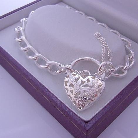 Heart Padlock Curb Bracelet in Sterling Silver