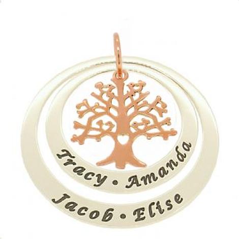 Sterling Silver 35mm & 45mm Circle of Life Personalised Name Pendant 9ct Rose Gold Family Tree