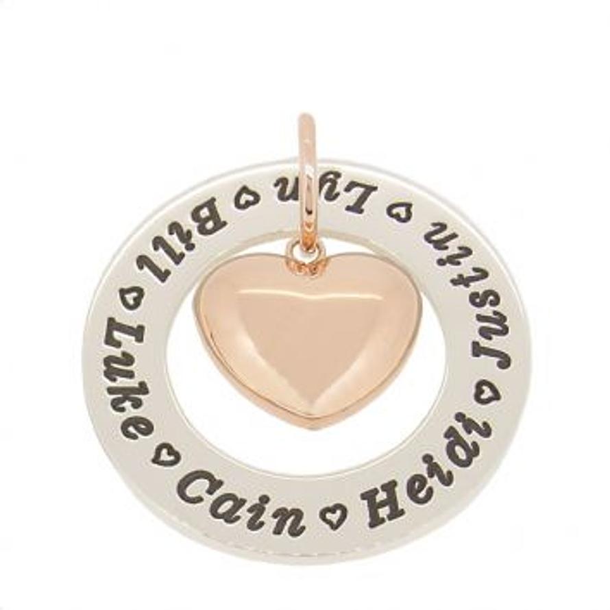 35mm CIRCLE OF LIFE PERSONALISED FAMILY NAME PENDANT 9CT ROSE GOLD PUFFED LOVE HEART CHARM