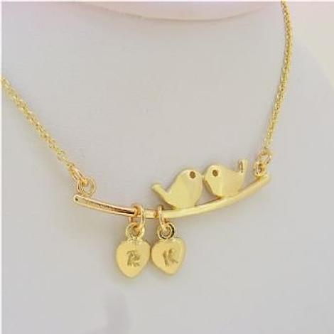 Personalised 9ct Solid Gold Love Birds on a Tree Branch Charm Cable Necklace