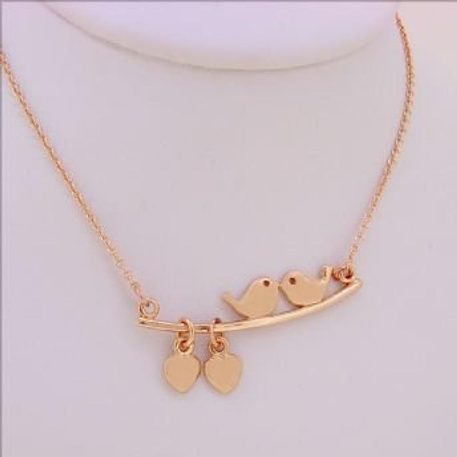 PERSONALISED 9CT SOLID ROSE GOLD LOVE BIRDS on a Tree Branch CHARM CABLE NECKLACE