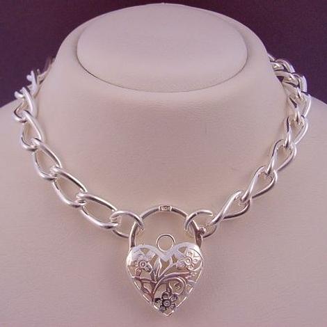 Large Curb Padlock Necklace With Heart Padlock in Sterling Silver 45cm