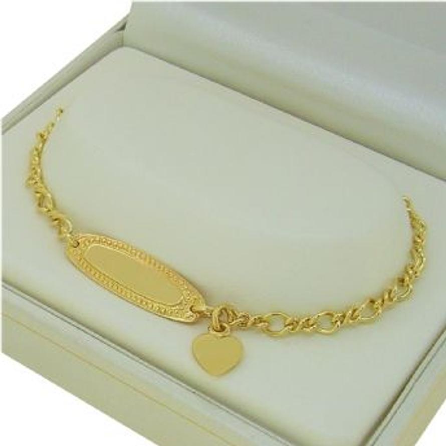 9CT YELLOW GOLD FIGARO CURB IDENTITY BRACELET WITH HEART CHARM