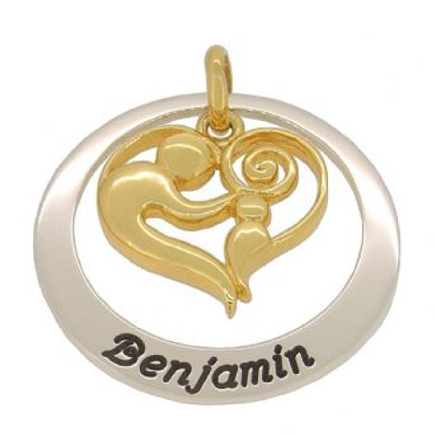 STERLING 35mm CIRCLE OF LIFE PERSONALISED NAME 9CT GOLD 23mm MOTHER BABY HEART PENDANT