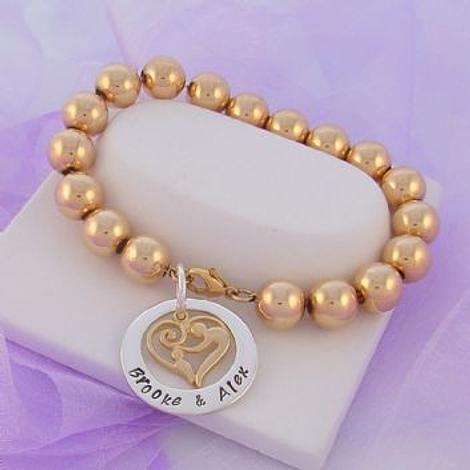 23mm Circle Personalised Name Pendant Mother Baby Child Charm 10mm 14ct Rolled Gold Ball Bracelet