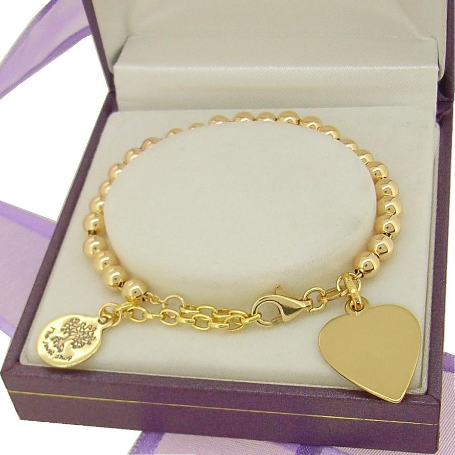 9ct Gold Personalised Baby Love Heart Charm Ball Bead Bracelet