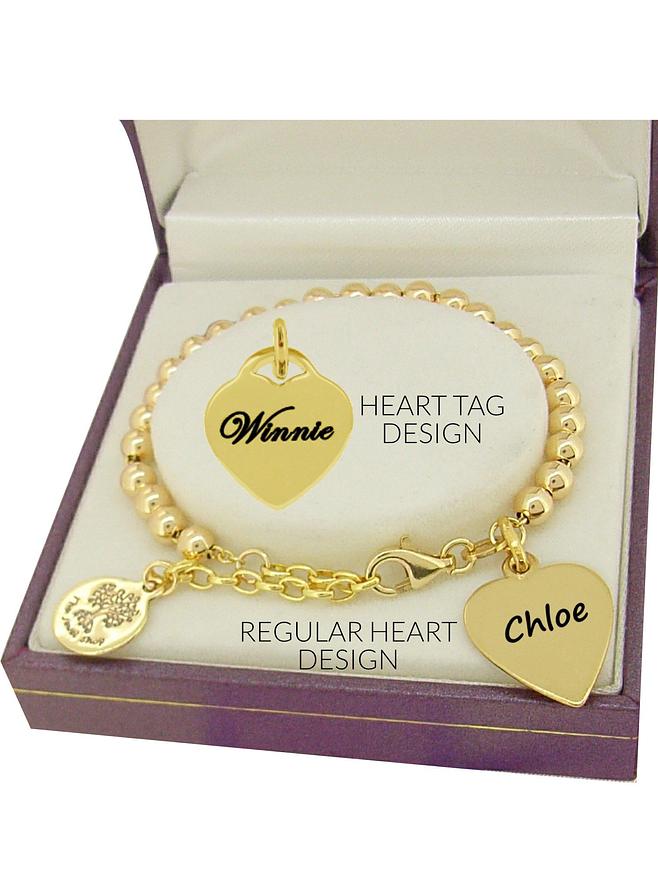 9ct Gold Personalised Baby Love Heart Charm Ball Bead Bracelet