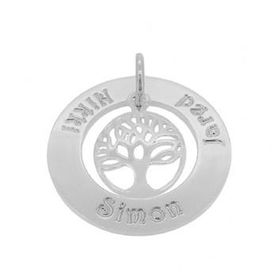 9CT WHITE GOLD 22mm FAMILY CIRCLE PERSONALISED TREE OF LIFE NAME PENDANT
