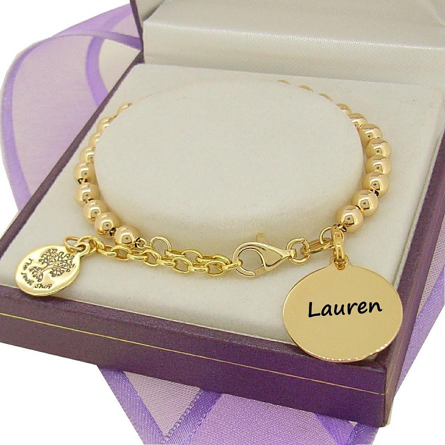 9ct Gold Personalised Baby 16mm Coin 4mm Ball Bead Bracelet