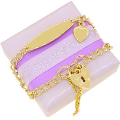 9ct Gold Curb Identity Flat Heart Padlock Charm Bracelet
