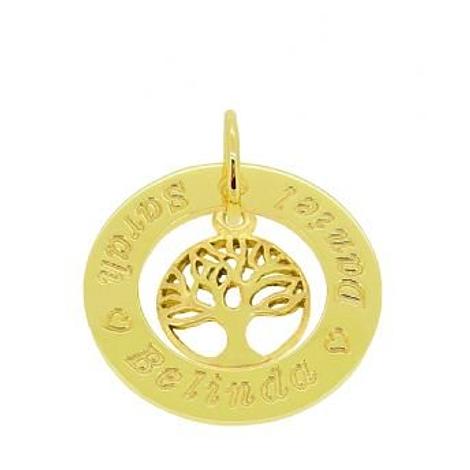 9ct Gold 25mm Circle Personalised Name Tree of Life Pendant