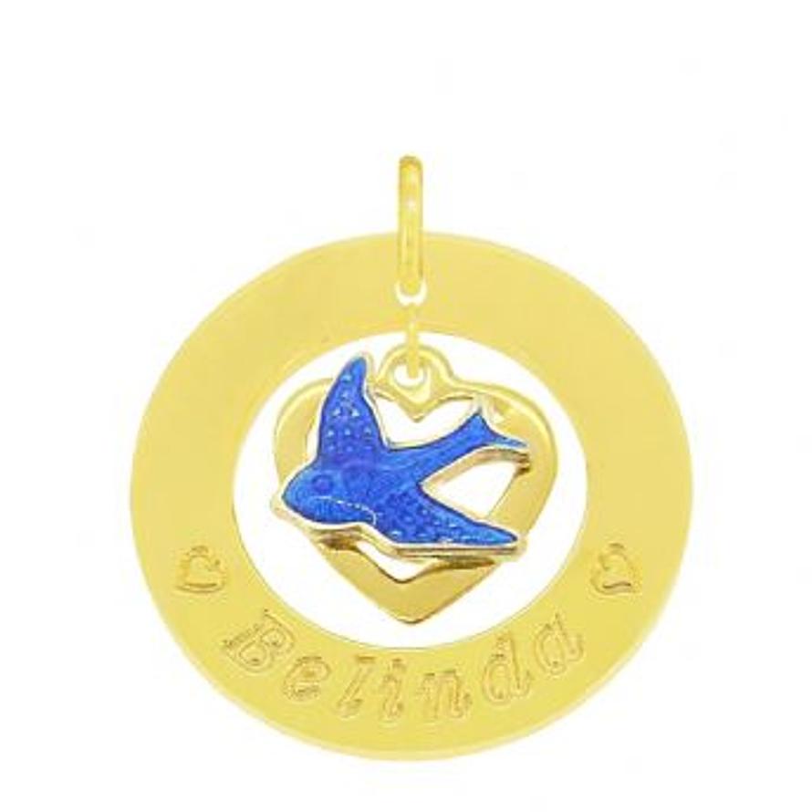 24mm CIRCLE OF LIFE 9CT GOLD PERSONALISED BLUEBIRD of HAPPINESS HEART NAME PENDANT