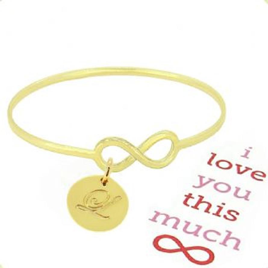 SOLID 9CT YELLOW GOLD NEVER ENDING LOVE INFINITY SYMBOL DESIGN FOREVER BANGLE with 16mm COIN