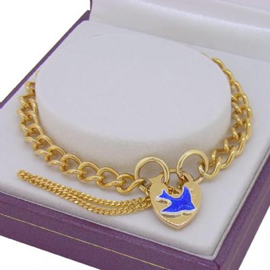 9CT GOLD BLUEBIRD of HAPPINESS CURB PADLOCK CHARM BRACELET