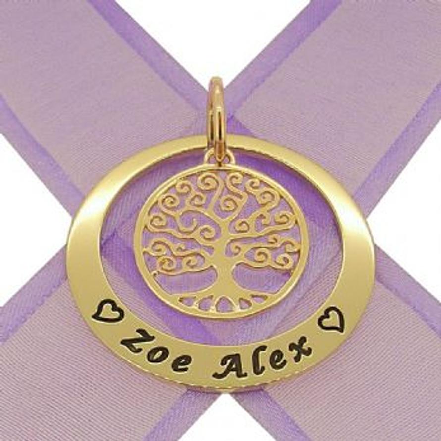 9CT GOLD 35mm CIRCLE FAMILY TREE OF LIFE PERSONALISED NAME PENDANT -35mm-KB123-9Y