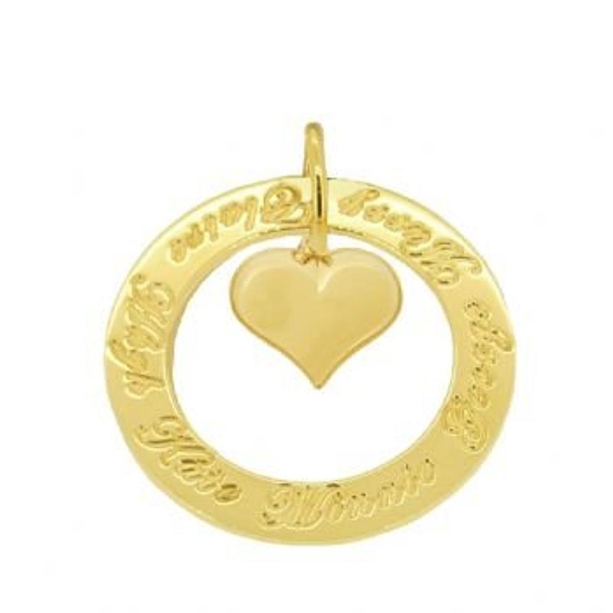 9CT GOLD 34mm CIRCLE OF LIFE PERSONALISED FAMILY NAME PUFFED LOVE HEART PENDANT