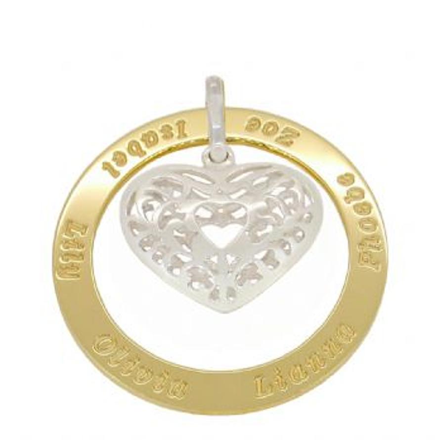 9CT GOLD 43mm CIRCLE OF LIFE PERSONALISED NAME STERLING FILIGREE HEART PENDANT