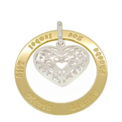 9ct Gold 43mm Circle of Life Personalised Name Sterling Filigree Heart Pendant