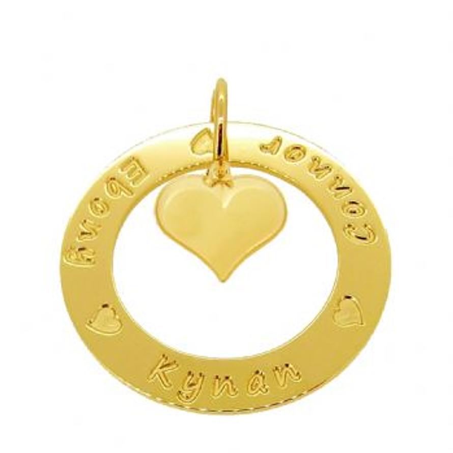 9CT GOLD 37mm CIRCLE PUFFED LOVE HEART PERSONALISED NAME PENDANT