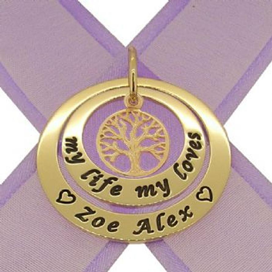 9CT GOLD 25mm & 35mm CIRCLE OF LIFE PERSONALISED NAME FAMILY TREE OF LIFE PENDANT