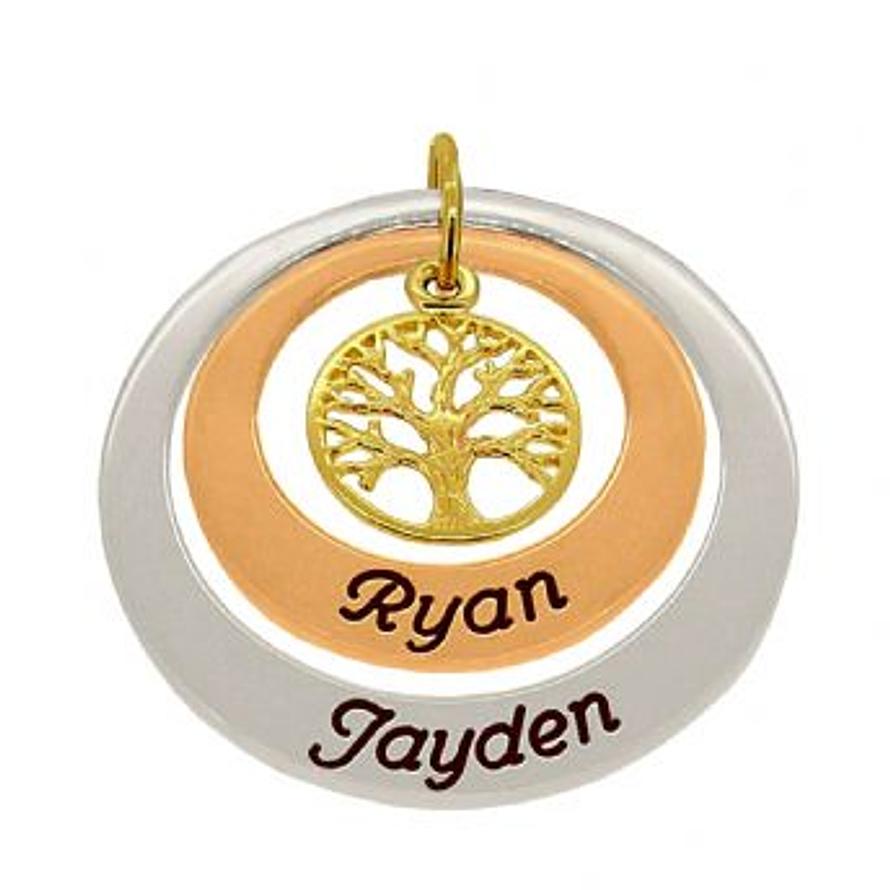 9CT YELLOW ROSE and WHITE GOLD 25mm & 35mm CIRCLE PERSONALISED NAME FAMILY TREE OF LIFE PENDANT