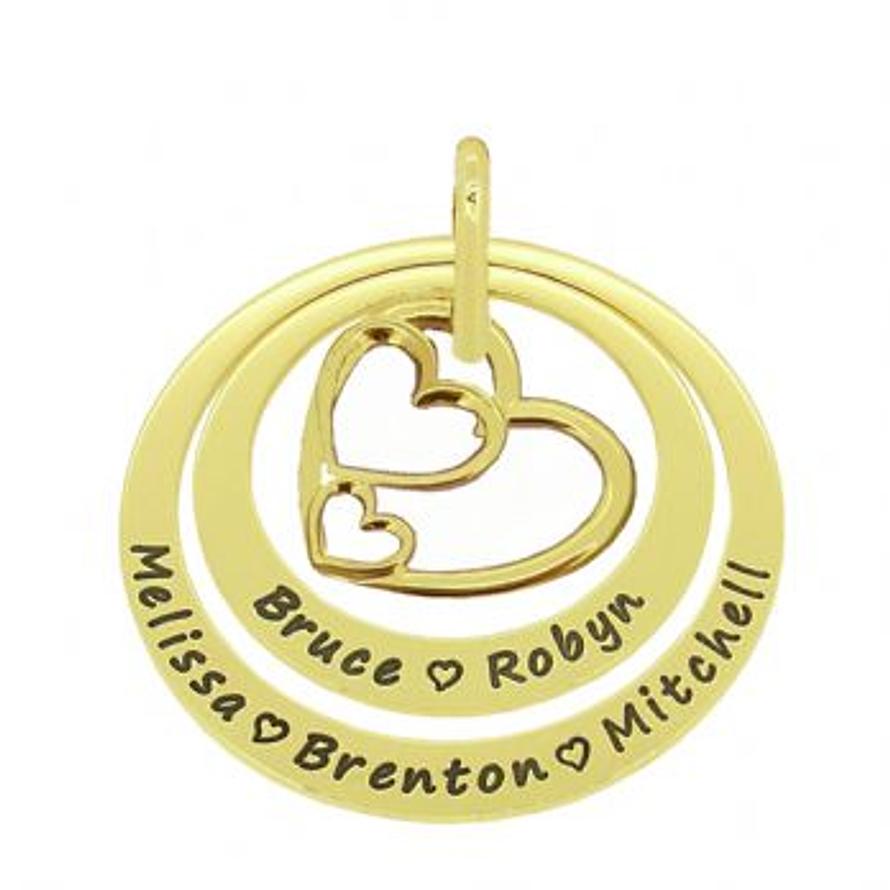 9CT GOLD 35mm & 45mm CIRCLE OF LIFE PERSONALISED NAME TRILOGY TRIPLE HEARTS PENDANT -35mm-45mm-jr-9Y-KB69