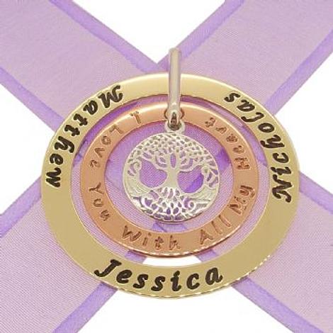 9ct Yellow Gold 47mm 9ct Rose Gold 43mm Circle Tree of Life Personalised Family Name Pendant -9y-47mm-9r-34mm-Kb53-Ss