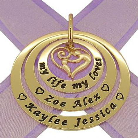 9ct Gold 25mm 35mm & 45mm Trilogy Mother Baby Heart Circle of Life Personalised Name Pendant