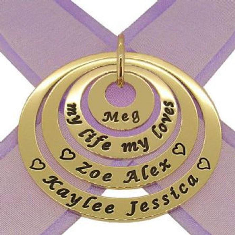 9CT YELLOW GOLD 15mm 25mm 35mm & 45mm FAMILY CIRCLE OF LIFE PERSONALISED NAME PENDANT